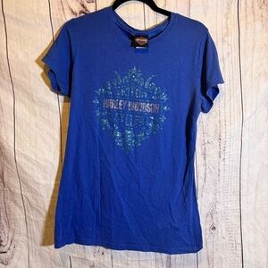 Harley-Davidson Y2K Rhinestone Royal Blue Tee with Glitter Graphic Design XL